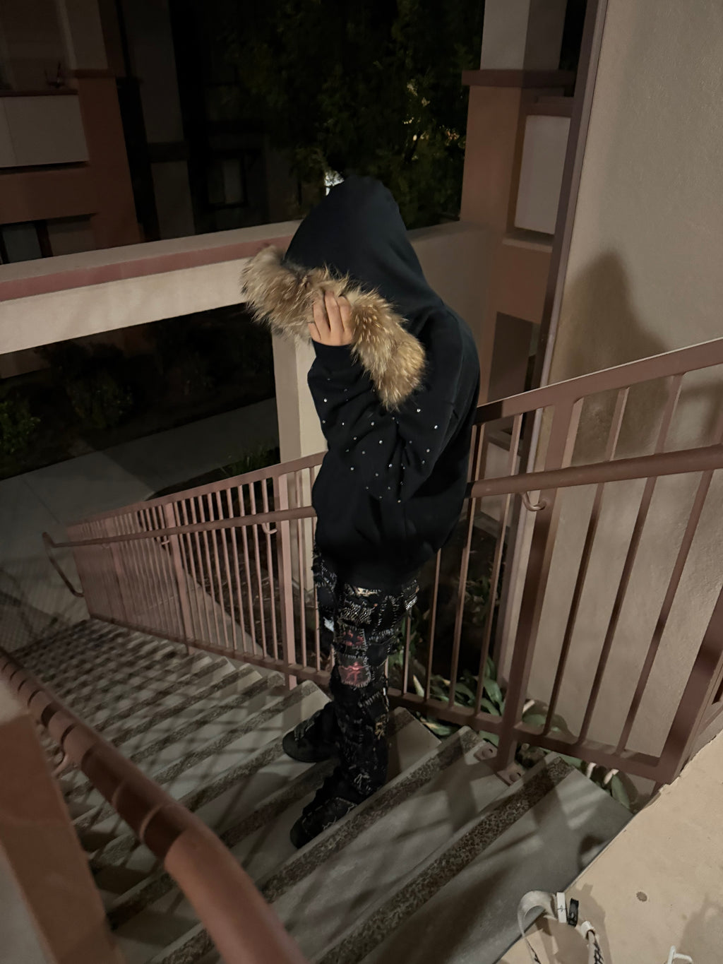 Black Fur Rhinestone Hoodie