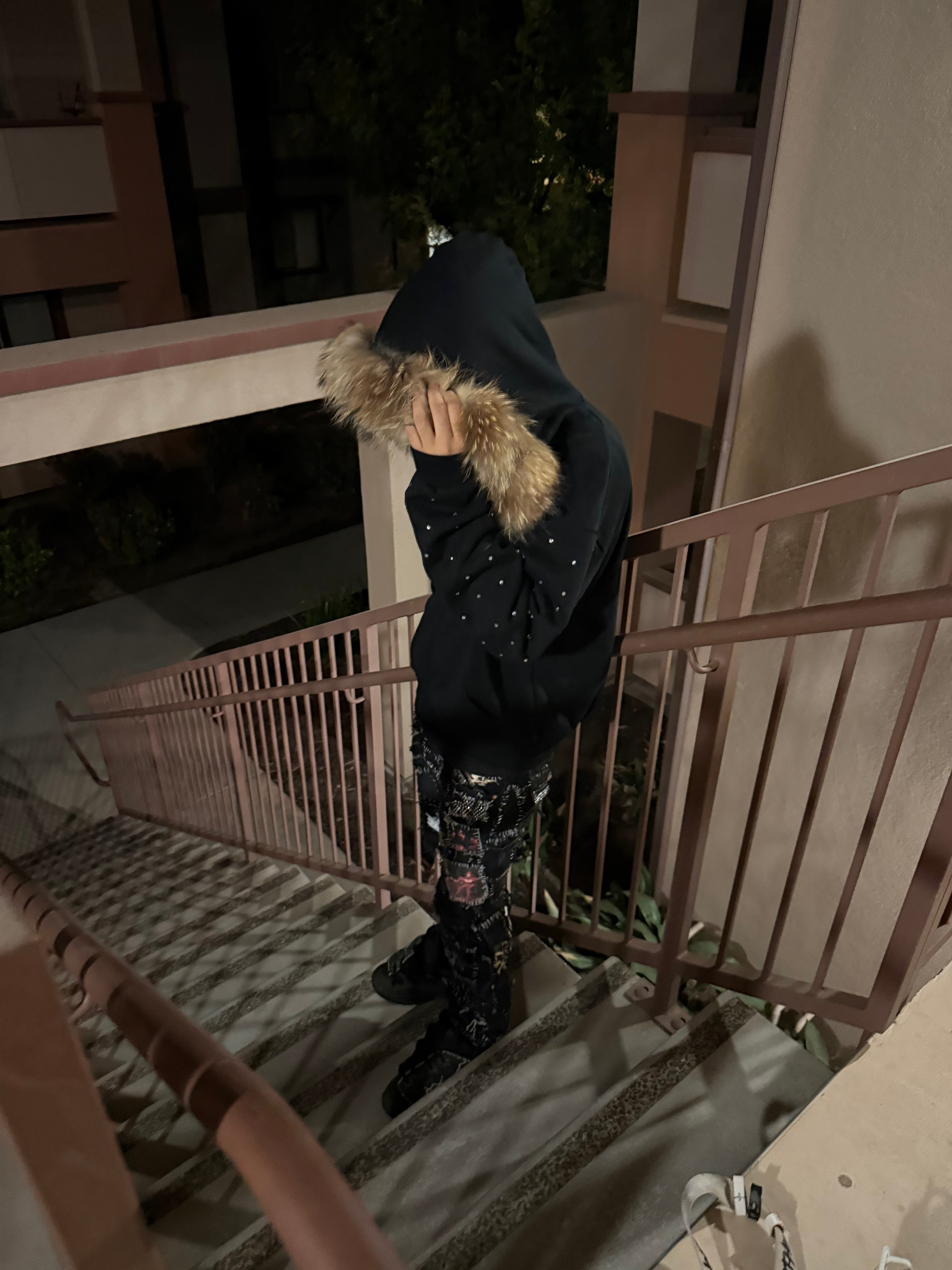 Black Fur Rhinestone Hoodie