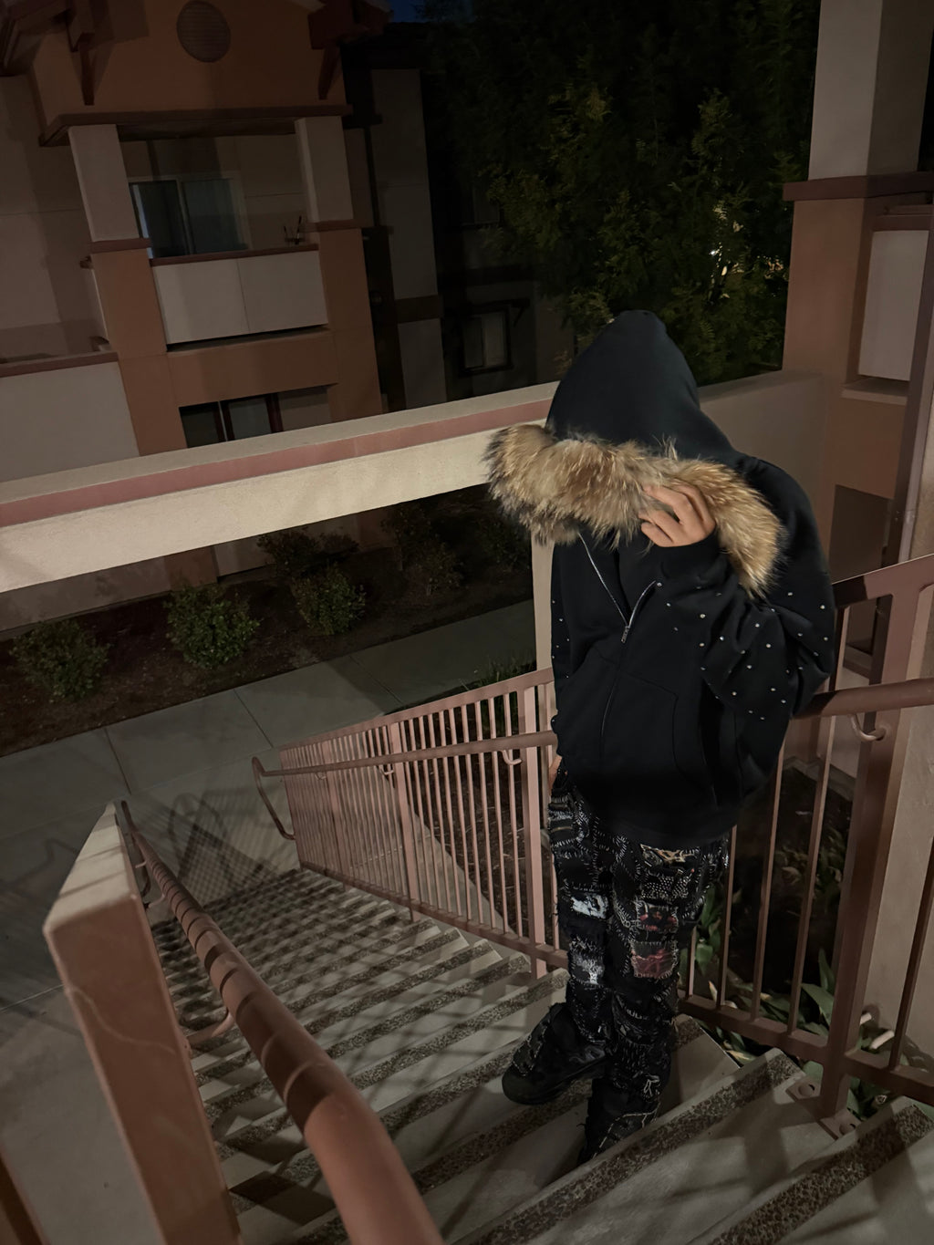 Black Fur Rhinestone Hoodie