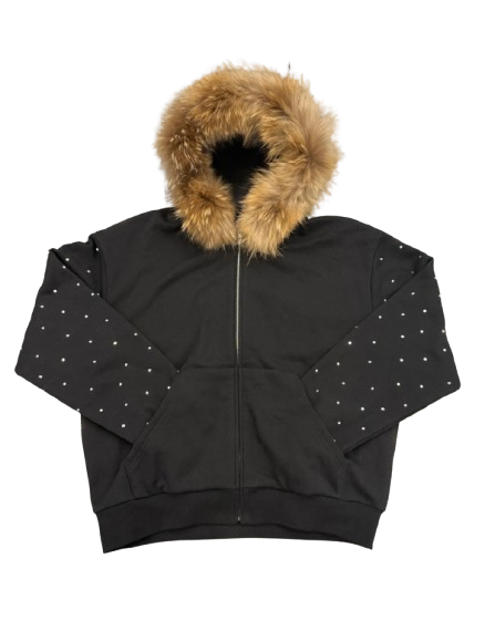 Black Fur Rhinestone Hoodie